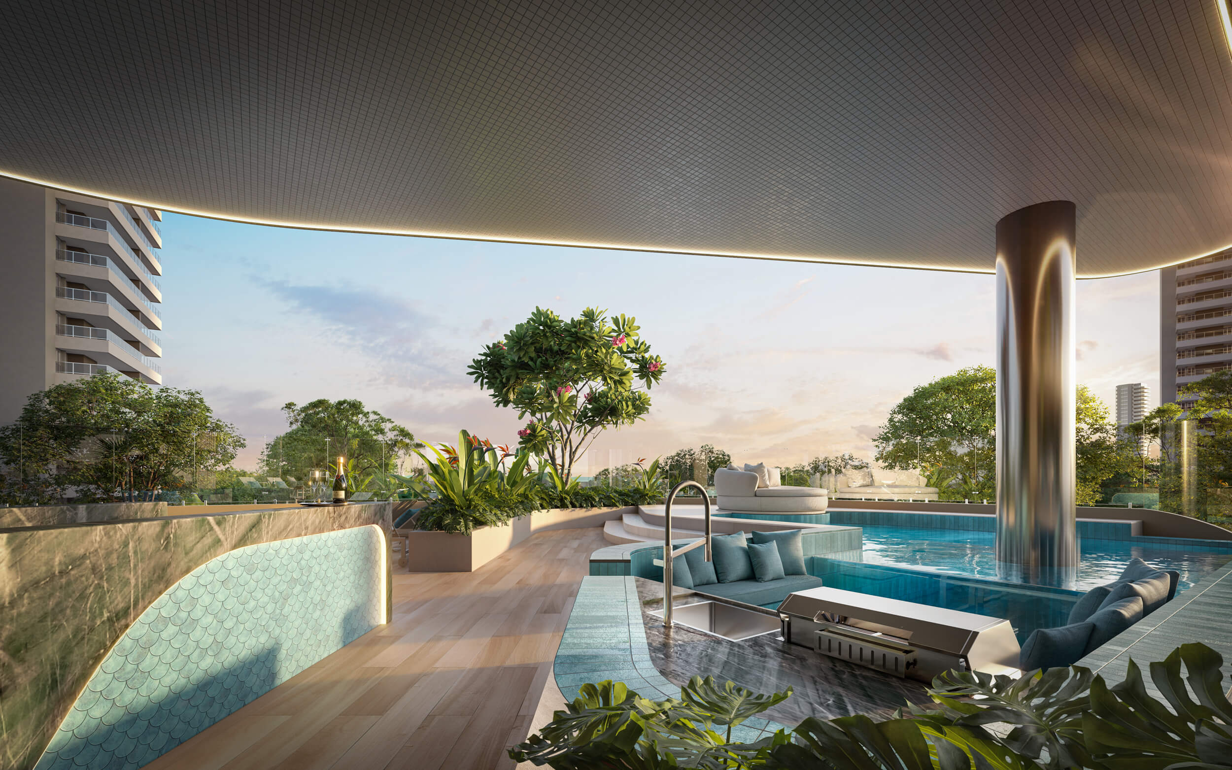 Espaço Acqua Grill integrado à piscina